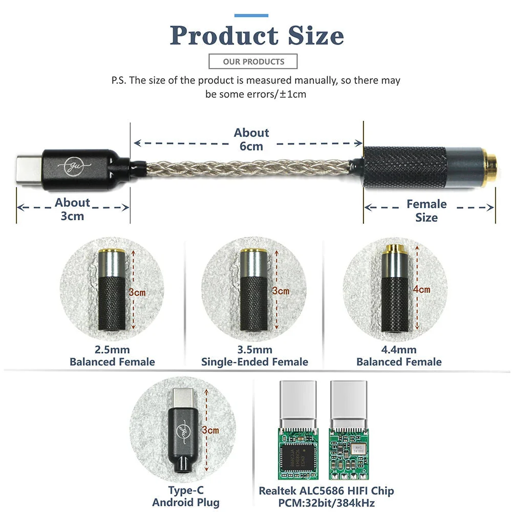 GUCraftsman HIFI USB Type-C to Jack 3.5/2.5/4.4 Cable Adapter For Android Mobile Phone Huawei Xiaomi Oppo Vivo SAMSUNG - Image 2
