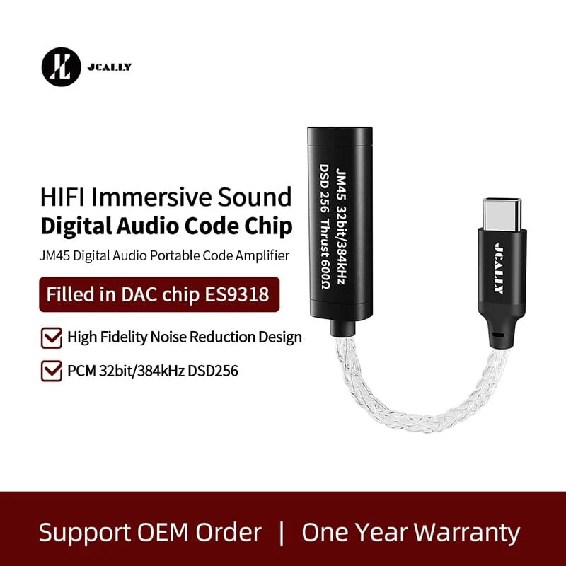 JCALLY JM45 JM45L Type C Lighting 3.5mm HIFI Portable Digital Audio Code Chip Earphone Decoding Adapter Silver Cable